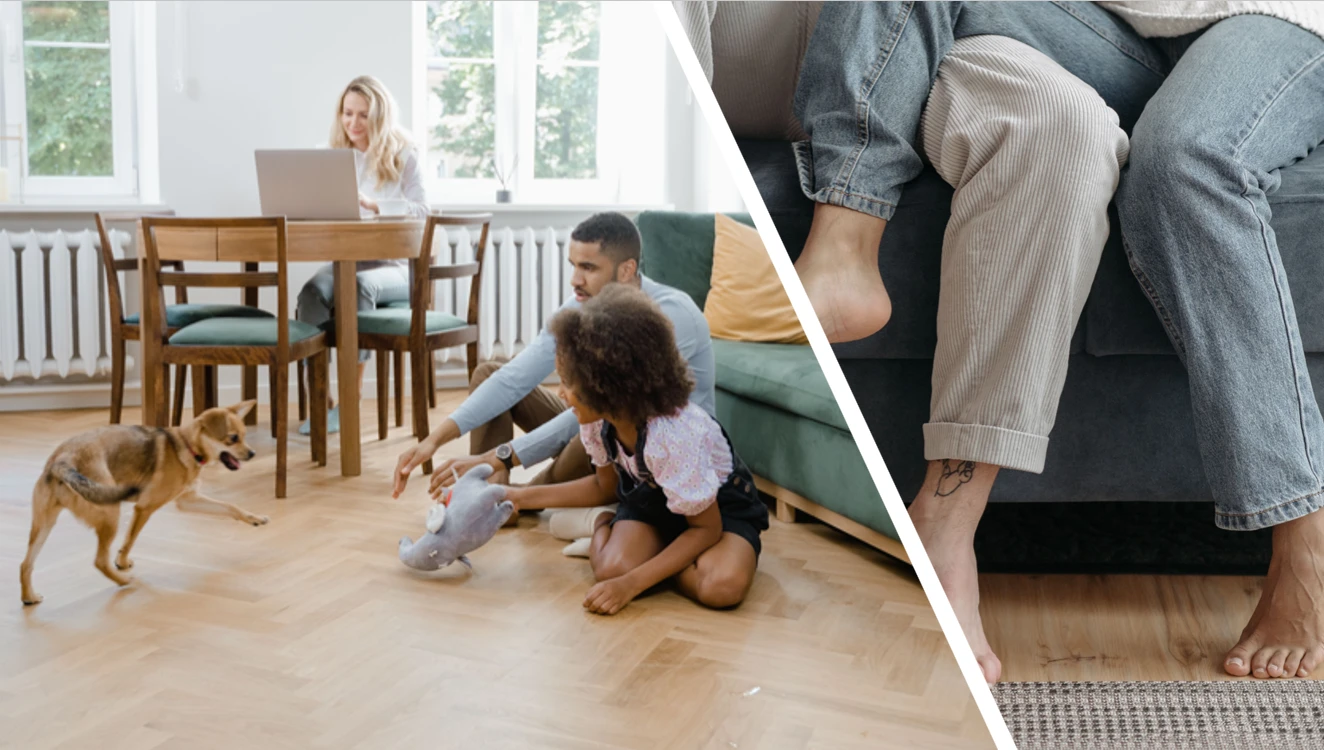 A family playing on a warm timber floor beside panel radiators, and bare feet resting on a heated floor in front of a sofa